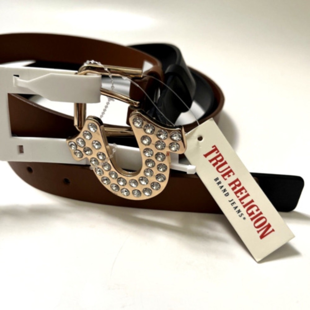 NWT Original 2pc TRUE RELIGION Belt Horseshoe Rhinestone Black Brown
